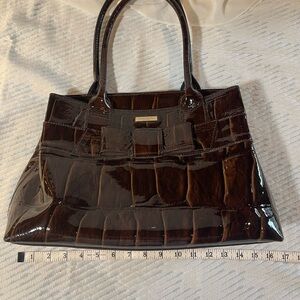 Kate Spade Chocolate Brown Patent Leather Faux Reptile Handbag with bow
